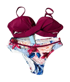 Cupshe Bikini Womens XS Burgundy Wrap Top Floral‎ Bathing Suit Two Piece NEW thumbnail 1