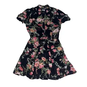 Reformation Mckendrie Floral Sheer Collar Short Sleeve Mini Shirt‎ Dress Black 2 thumbnail 4