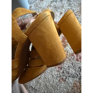 BC Footwear Mustard Yellow Vegan Block Heel Multi Strap Pointed Toe Pumps 8.5 thumbnail 8