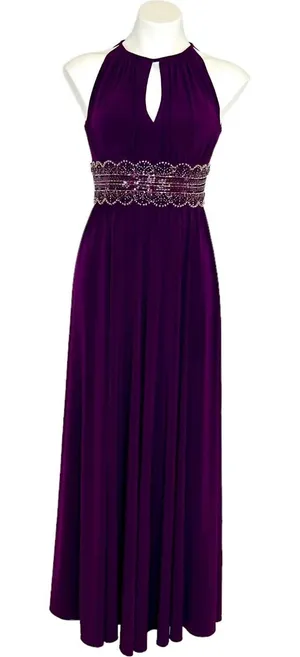 R&M Richards Halter‎ Sleeveless Long Gown Beaded Waist Purple Eggplant Size 4 thumbnail 1