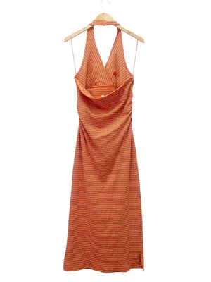 Pilcro High Tide Halter Slim Midi Dress Large Orange Stripe Anthropologie thumbnail 3