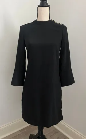 H&M Black Mock Neck Shift Dress 2 Button Bell Sleeve‎ Office Chic Preppy Minimalist thumbnail 1