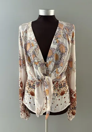 Free People Blouse Womens M White Floral Run Free Balloon Sleeve Tie Front Silky thumbnail 1