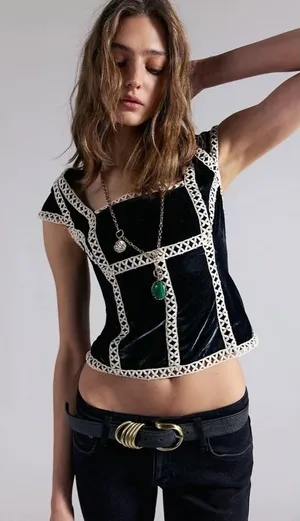 NWT!! FREE PEOPLE Tyler Velvet Corset Top Black Cream Embroidered Bohemian Large thumbnail 1