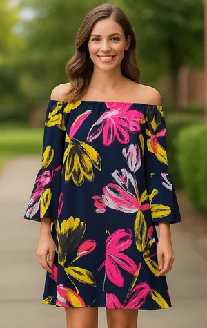 Navy Floral Off Shoulder Bell Sleeve Tunic Shift Mini Dress Size M thumbnail 1