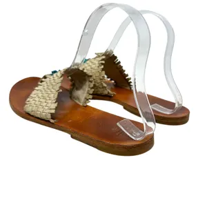 Henry Cuir‎ Slide Sandals Leather Woven Rattan Beaded Tan Brown Size 38 US 8 thumbnail 8