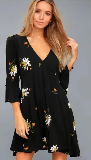 Free People Time On My Side‎ Black Floral Wrap Dress thumbnail 1