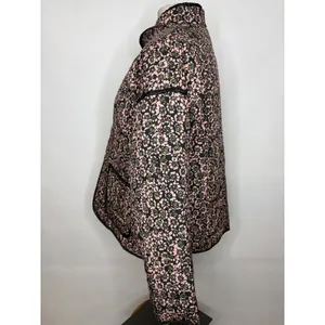 Floral Quilted Puffer Jacket Pink Green Black Open Front Pockets Large thumbnail 5