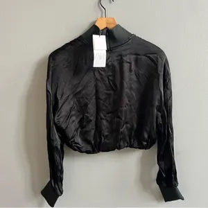 NWT Zara Black Satin Effect Long Sleeve Mock Neck Top Size XS Zipper Turtleneck thumbnail 8