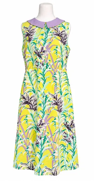 Kate Spade Neal Silk Flora Peter Pan Collar Dress Yellow Tropical Floral Size 8 thumbnail 1