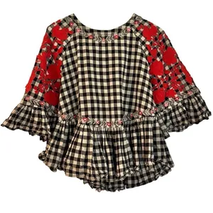 Anthropologie Pankaj & Nidhi checkered gingham embroidered floral swing blouse s thumbnail 3