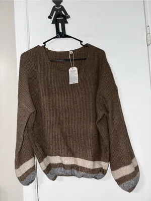 Brown and cream striped sweater with balloon sleeves size medium new thumbnail 2