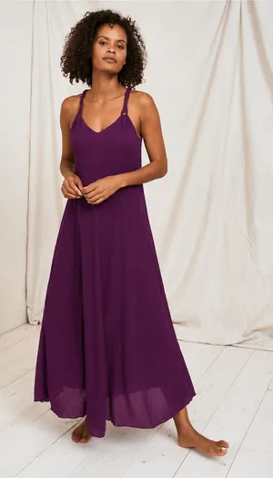 NEW Garnet Hill Cotton Gauze Long Maxi Cover-Up Dress Purple Coastal Size Medium thumbnail 1