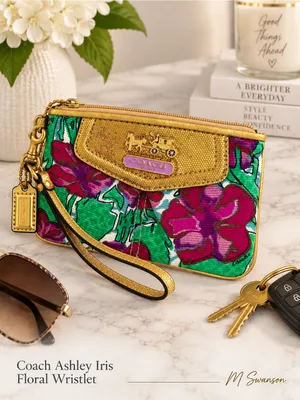 Coach Ashley Iris Floral Wristlet Magenta Green Metallic Gold EUC thumbnail 5