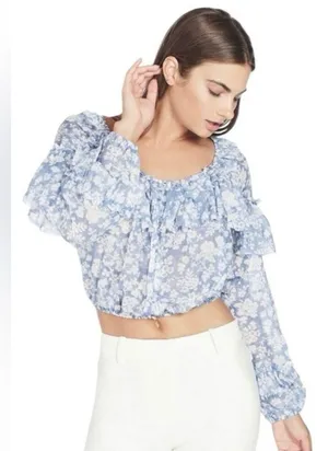 LoveShackFancy Ruffle Popover Blouse Top in Biscay Blue Size XS thumbnail 2