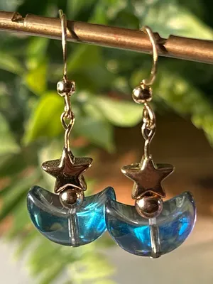 Handmade Gold Star Drop Earrings with Blue Crescent Moon thumbnail 1