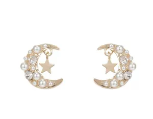 Crescent Gold Beaded Celestial  Moon Earrings New thumbnail 3
