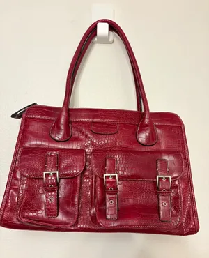 Red Croc Embossed Satchel Handbag 3 Buckle Pockets Structured Tote thumbnail 1
