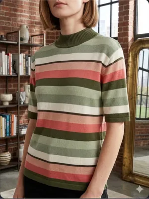 Striped Turtleneck Sweater in Olive, Coral & Cream thumbnail 1