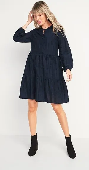 Old Navy Women's Navy Blue Tiered Long-Sleeve Balloon Sleeve Casual Dress thumbnail 1