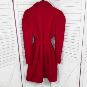 OnTwelfth Coat Women Size XL Red Puff Shoulder Sleeve Belted‎ Trench Long Cherry thumbnail 9