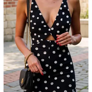 Polka Dot Maxi Dress Black White V-Neck Cutout Tiered Ruffle Retro Sexy SZ M / 6 thumbnail 8