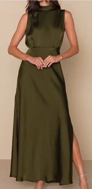 Lulus Classic Elegance Olive Satin Sleeveless Mock Neck Maxi Dress thumbnail 1