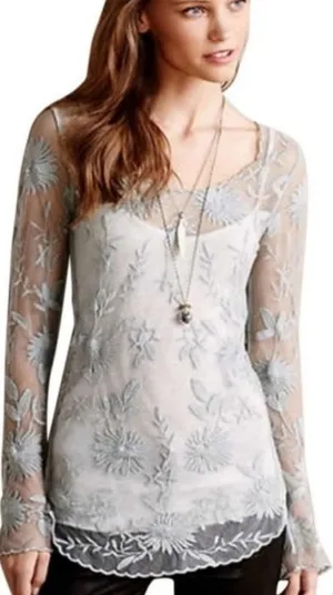 Everleigh Sheer Embroidered Snow Blossom Ivory Tunic Long Sleeve thumbnail 1