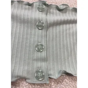 Ribbed Off-Shoulder Button Crop Top in Sage Green Size S Shell 91% Tencel thumbnail 5