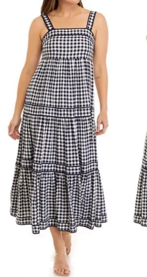 Crown & Ivy Preppy Navy White Gingham Cottagecore Tiered Maxi Summer Sundress 16 thumbnail 1