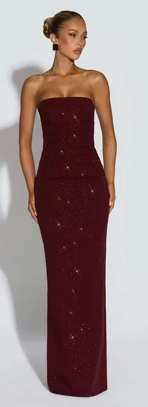 Babyboo PANDRA MAXI DRESS SPARKLE Strapless Ruched Midi dress in wine, S thumbnail 1