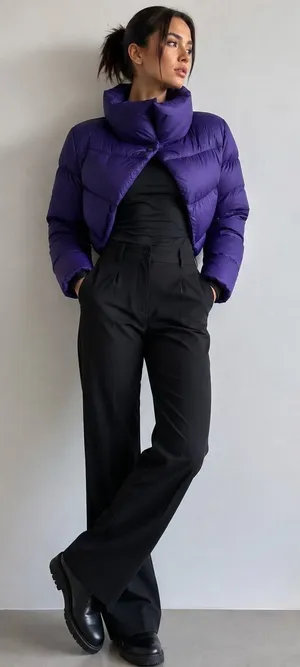 Coalition Purple Cropped Puffer Jacket M Statement Collar Designer Style Coat Size M thumbnail 1