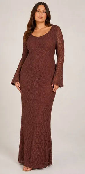 Bardot Evannia Lace Maxi Dress US 12 Chocolate Bell Sleeve Floral NWT thumbnail 1