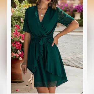 Boutique Brand Faux Wraps Neck Ruffle Swing Dress in Dark Green Size Medium thumbnail 6