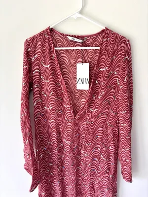 Zara Pink Sequins Beaded Swirl Printed Midi Dress Sheer Deep V Neck Tie Front thumbnail 3