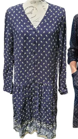 Garnet Hill Women's Dropwaist Button-Up Dress Long‎ Sleeve Boho Navy Floral 6 thumbnail 1