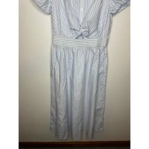 Loft Blue White Striped Midi Dress Puff Sleeve Button Front Tie Waist Size S thumbnail 2