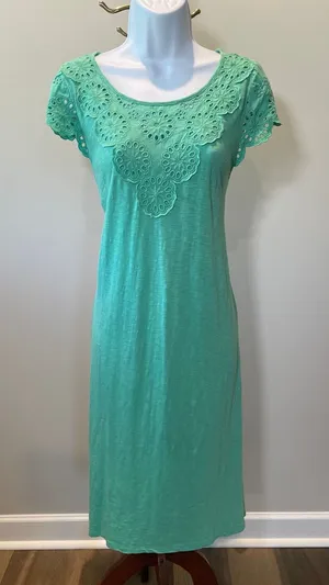 Talbots Cotton Embroidered Boho Dress Size M Light Soft Green thumbnail 1