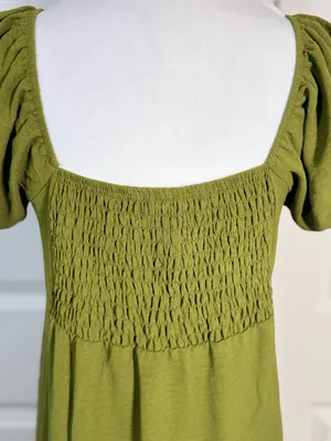 Monteau Los Angeles M Olive Green Puff Sleeve Midi Dress Cottagecore Boho Brunch thumbnail 4