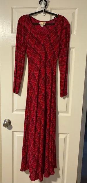Vintage 1970s Lady Bug California Red Plaid Long Sleeve Maxi Dress 3/4 thumbnail 1