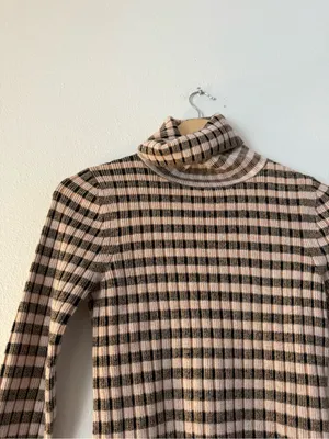 Maeve Cream and Brown Checked Ribbed Turtleneck thumbnail 2