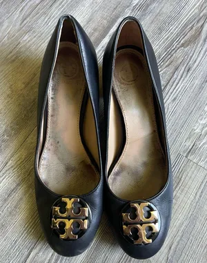 Tory Burch Black Leather Flats with Gold Logo thumbnail 1