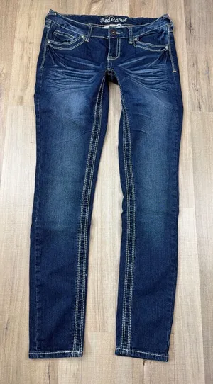 Y2K Low Rise Red Camel Scarlett Skinny Jeans Thick Stitch Embroidered Size 9‎ thumbnail 1