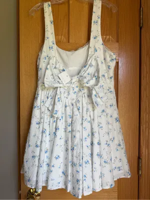 Altar'd State Maya Blue Floral Swiss Dot Open Back Bow Mini Dress NWT XL thumbnail 8