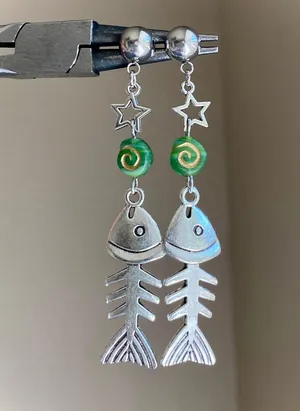 fish bone boho funky unique dangle earrings🌀🐟💙 thumbnail 1