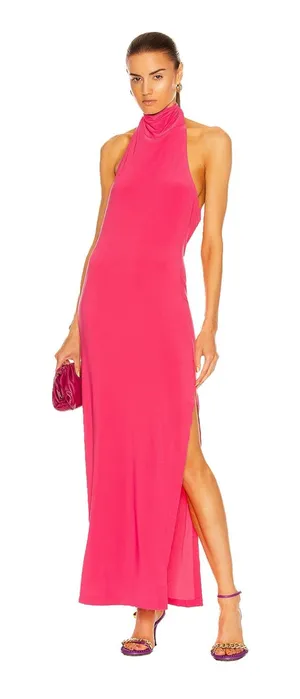 Norma Kamali Halter Turtleneck Side Slit Maxi Dress Size XS Coral Jersey Stretch thumbnail 1