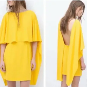 ZARA Women's Open Back Yellow Ruffle Cape‎ Mini Dress Size Small Modest thumbnail 3