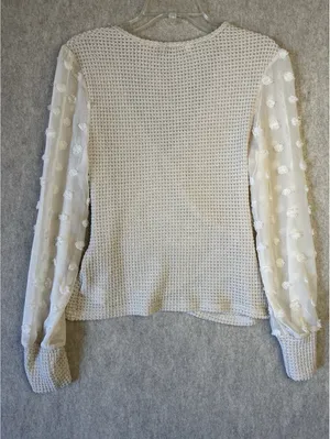 CUPSHE Wrap Waffle Knit Top Sheer Sleeve With Poms Beige Women’s Small thumbnail 6