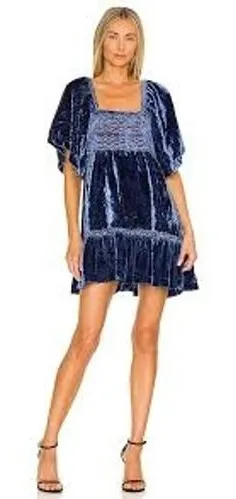 Free People Womens Dress XS Blue Velvet Smocked Tie Back Ruffle Mini Dress thumbnail 1