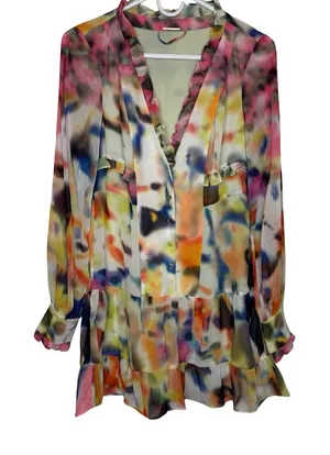 ✨🎨 ALEXIS Multicolor Abstract Ruffle Peplum V-Neck Mini‎ Dress XS 🎨✨ thumbnail 1